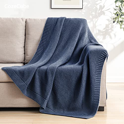 Dusty Blue Seed Stitch Throw Blanket, 50x60 Inch Soft Knit Blanket