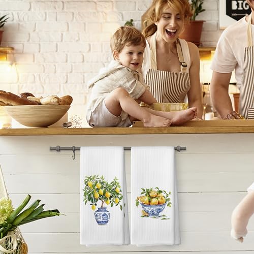 TAEDIN Lemon-1 Chinoiserie Kitchen Towels Set of 2 Blue & White 16x24 Inches