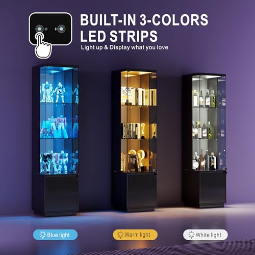 65" Lockable Glass Display Cabinet with 3-Color Sensor LED Lights