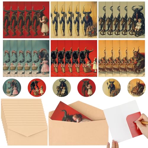 Krampus Christmas Money Holder Cards Set, 30-Pack with 30 Envelopes & Stickers, 6 Designs
