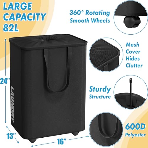 Large 82L Rolling Laundry Basket with Wheels and Mesh Cover