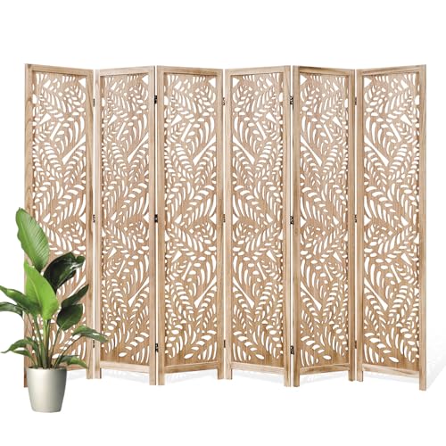 6-Panel Leaf-Carved Wood Room Divider, 67-Inch Foldable Privacy Screen