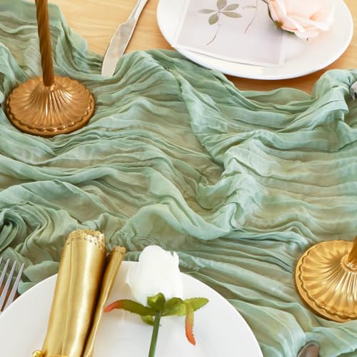 3 Pack Sage Green Cheesecloth Table Runner, 120-Inch Boho Wedding Decor
