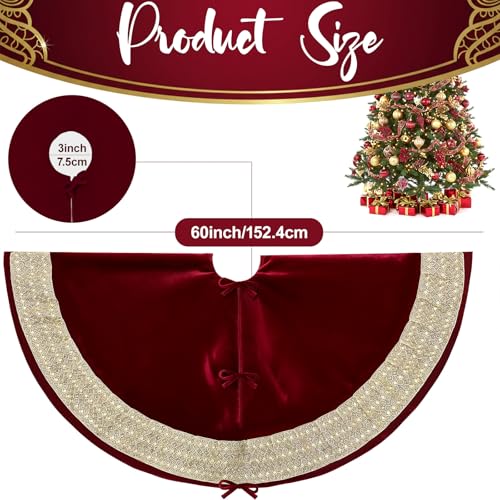 CYAOOI 60 Inch Red Velvet Christmas Tree Skirt with Gold Glitter Trim for 7.5-9 ft Trees