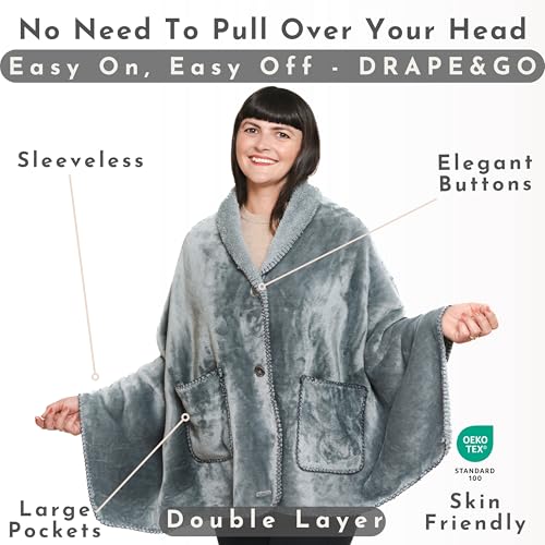 Double Layer Sherpa Poncho Blanket - Wearable Fleece Cape for Home