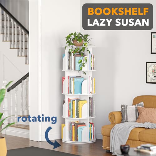 4-Tier 360 Rotating Bookshelf Tower Spinning Bookcase Corner Storage White