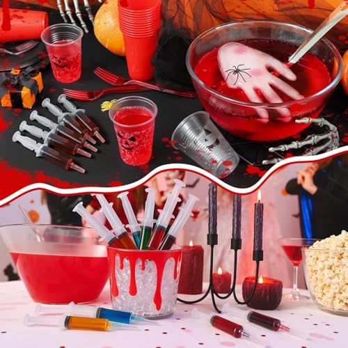 Halloween Shot Syringe Set with Bloody Buckets – 30 Plastic Drink Dispensers & Creepy Ice Buckets