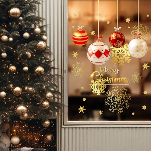 JarThenaAMCS Christmas Ball Window Clings - Double-Sided Red Gold, 9 sheets (7.9 x 11.8 in) – Christmas Ornament Decor