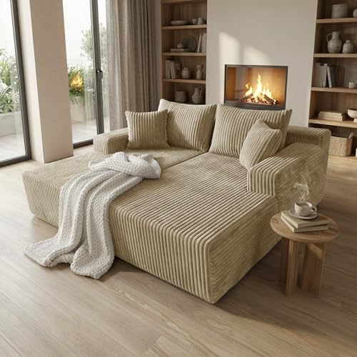 Oversized Modular Corduroy Loveseat Chaise Lounge with 4 Pillows
