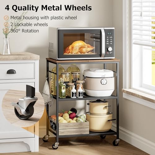 3-Tier Rolling Kitchen Utility Cart with Microwave Shelf and 6 Hooks
