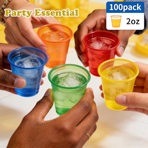 Neon 2 oz Plastic Shot Glasses 100 Pack - Colorful Disposable Party Cups