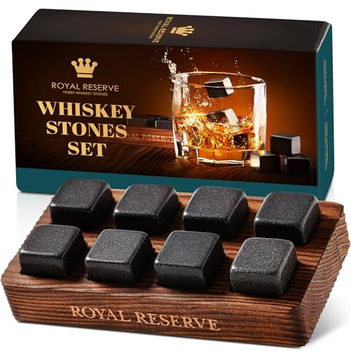 Royal Reserve Whiskey Stones Gift Set with Brown Wooden Tray – 8 Granite Chilling Rocks for Spirits