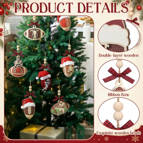 24 Pack Wooden Christmas Football Ornaments for Holiday Tree Decor