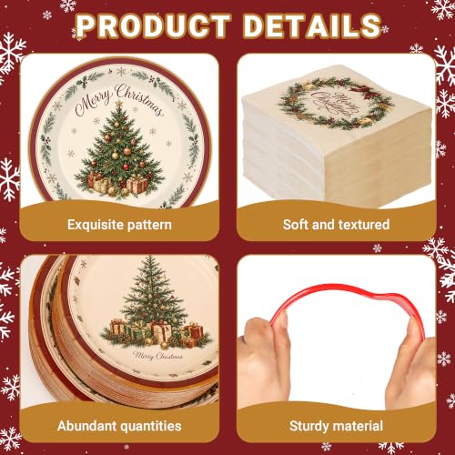 NestSail 200PCS Christmas Paper Plates Set 9x7 Inch for 50 Guests, Festive Holiday Tableware