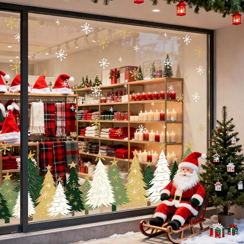 Whaline 9 Sheets Christmas Window Clings - White Green Gold Xmas Tree & Snowflake Decor (White Green Gold Trees)