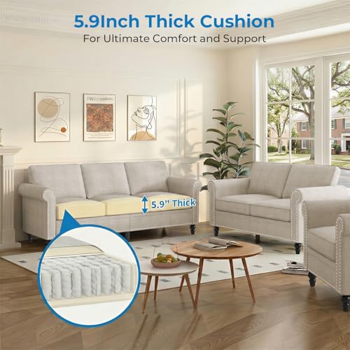 3-Piece Living Room Sofa Set, Linen Fabric Couch, Loveseat & Armchair