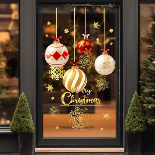 JarThenaAMCS Christmas Ball Window Clings - Double-Sided Red Gold, 9 sheets (7.9 x 11.8 in) – Christmas Ornament Decor