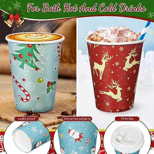 Mifoci 100 Pack Christmas Coffee Cups with Lids 12 oz – Festive Holiday Party Supplies