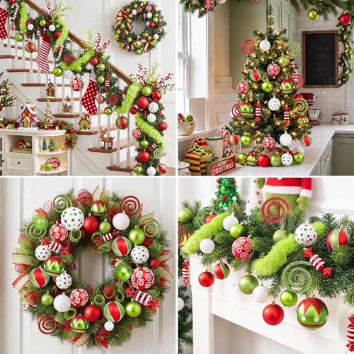 Christmas Decorations 92 Pcs Red Green White Ornaments Set with Glitter & Faux Fur Ribbon