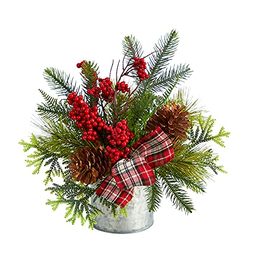 Nearly Natural 10x8x12in Winter Berry & Pinecone Artificial Holiday Arrangement in Vase