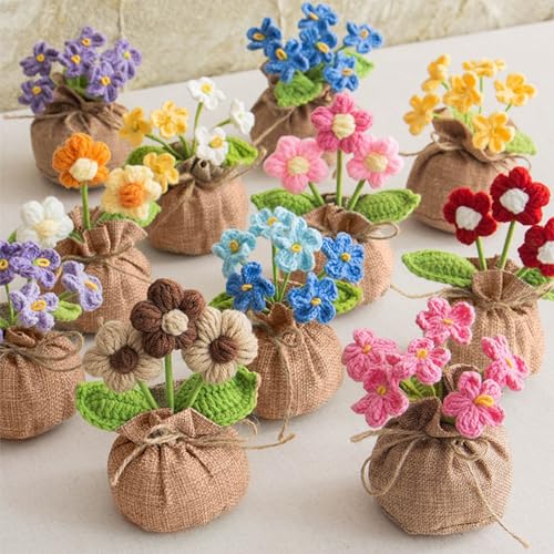 Dark Pink Myosotis Crochet Flowers Bouquet - Andvon Desk Decor for Women