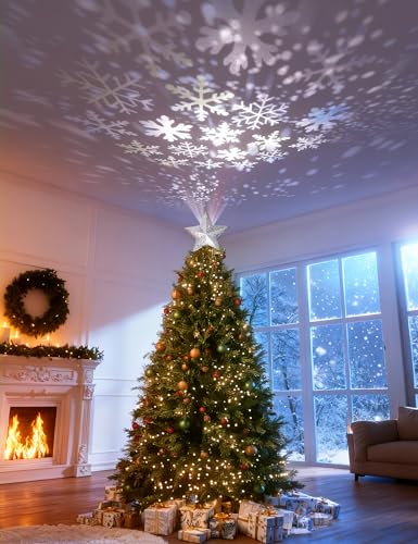Lighted Christmas Tree Topper - 3D Silver Star with LED Snowflake Projector