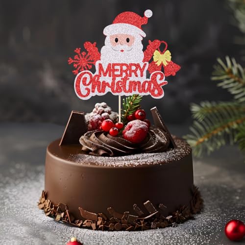 Green Christmas Cake Topper with Santa & Tree - Holiday Party Decoration