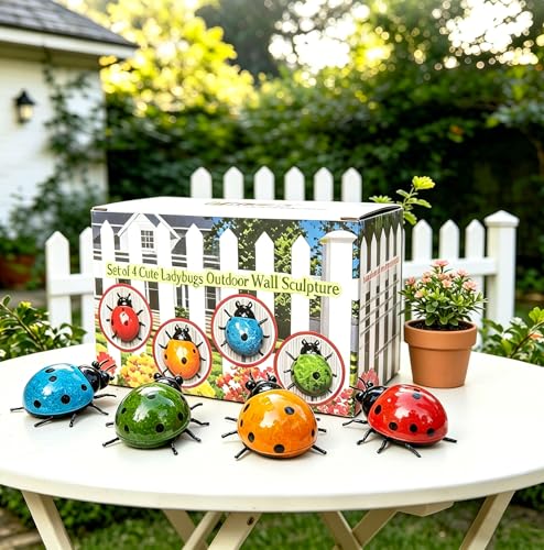 Metal Ladybug Wall Art Set of 4, Outdoor Garden Sculptures for Patio Decor