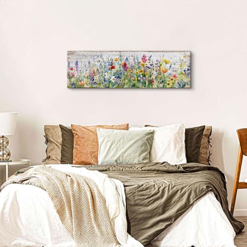 Rustic Wildflower Wall Art, 14x48 Inch Farmhouse Floral Canvas Print