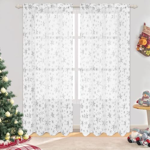 FRAMICS White-Silver Foil Snowflake Sheer Curtains for Christmas, 52W x 84L, 2 Panels with Rod Pocket