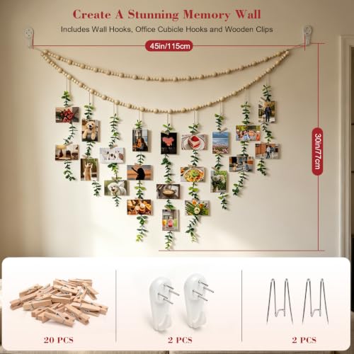 Boho Hanging Photo Display with 20 Clips and Artificial Greenery