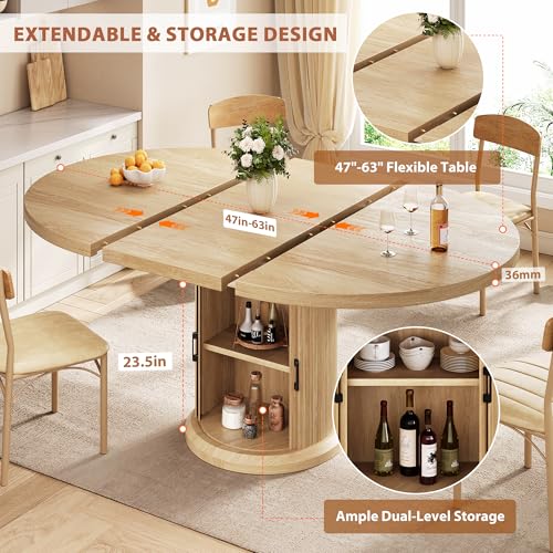 Extendable Round Dining Table 47"-63" with 2-Tier Storage, Pedestal Base