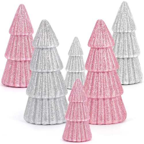 6-Piece Pink & Silver Christmas Tree Set – Tabletop Table Decor, 3 Sizes