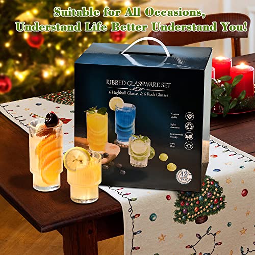 12-Piece Ribbed Glassware Set, Stackable Fluted Drinking Cups 7oz & 12oz