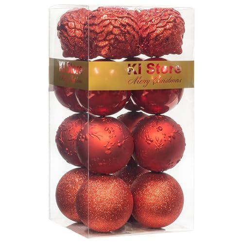 KI Store 4-Inch Red Shatterproof Christmas Balls - 16 pcs Ornaments for Xmas Trees & Holiday Decor