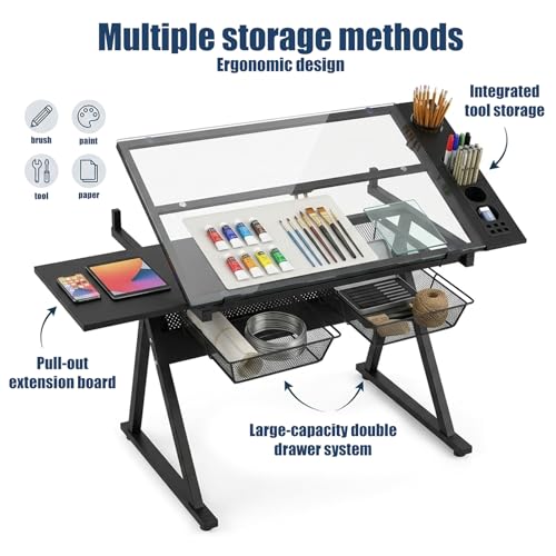 Adjustable Drafting Table with Stool, Tiltable Glass Top Art Workstation