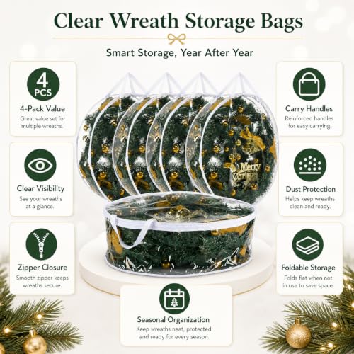Clear Wreath Storage Bag 24x8 Inch PVC Christmas Protector 4 Pack