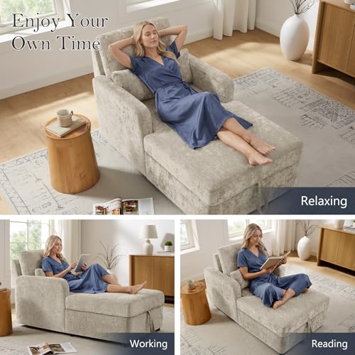 58" Oversized Chaise Lounge Chair with Hidden Storage, Camel Chenille