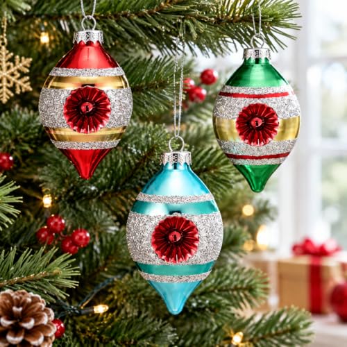 Soulchen Multi-Color Retro Christmas Glass Finial Ornaments Set of 8 with Reflectors