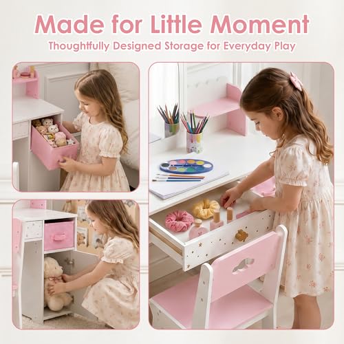Kids Wooden Vanity Table and Chair Set with 3-Color Lighted Mirror