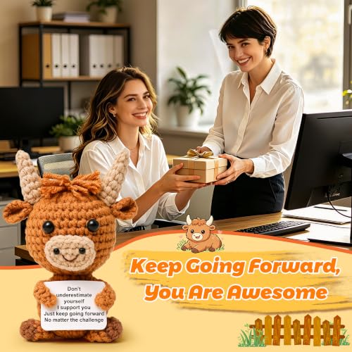 Handmade Highland Cow Crochet Plush with Positive Affirmation Card