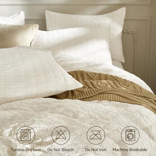 White Seersucker Duvet Cover Set Queen - Soft Microfiber Bedding with Ties