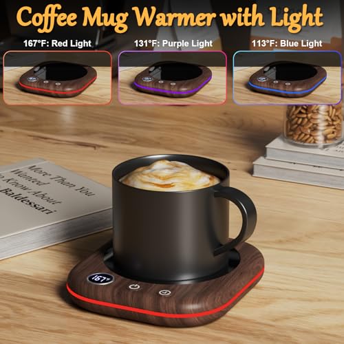 MQUPIN Wood Grain Coffee Mug Warmer with LED Lights, 3 Temp Settings, Auto Shut Off
