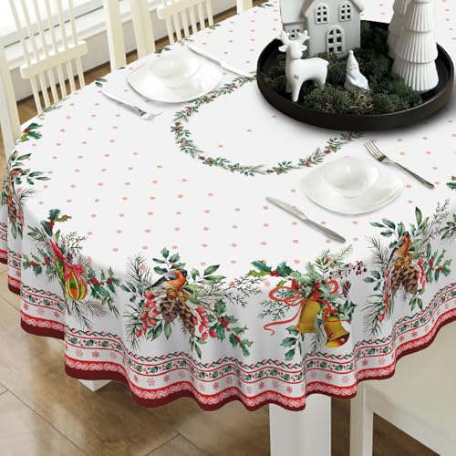 Christmas Holly Oval Tablecloth 72x54 Inches Red Holiday Decor Washable