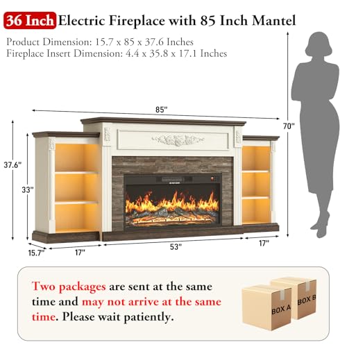85-Inch Electric Fireplace TV Stand with Mantel and LED Lights
