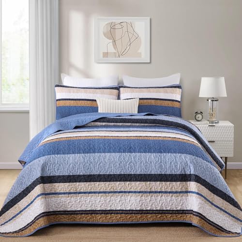 Queen Size Boho Quilt Set with Striped Design - 3-Piece Bedding