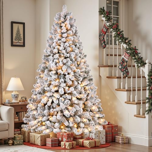 White 7.5ft Snow Flocked Artificial Christmas Tree with Warm Lights & Hinged Design