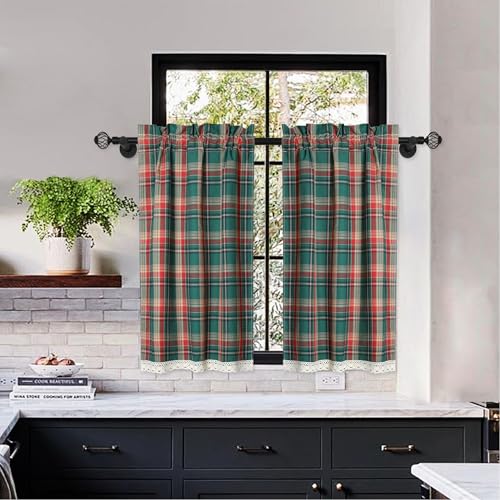 28x36 Inch Green & Red Scottish Tartan Lace Trim Tier Curtains Pack of 2 - Rustic Gingham Cafe Half Small Windows