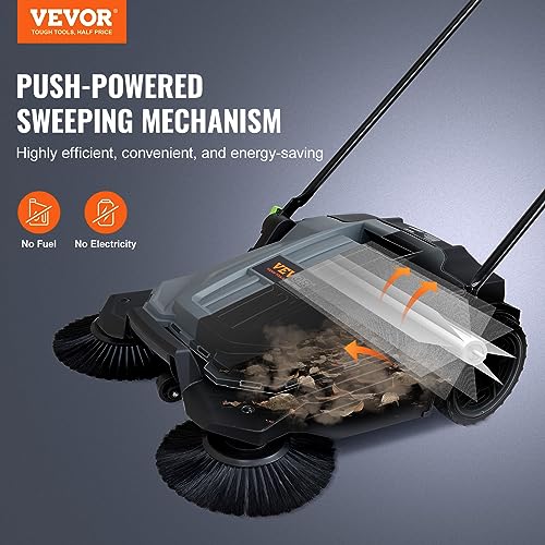 Manual Push Floor Sweeper, 25.6-inch Wide Path with 5-Gallon Bin