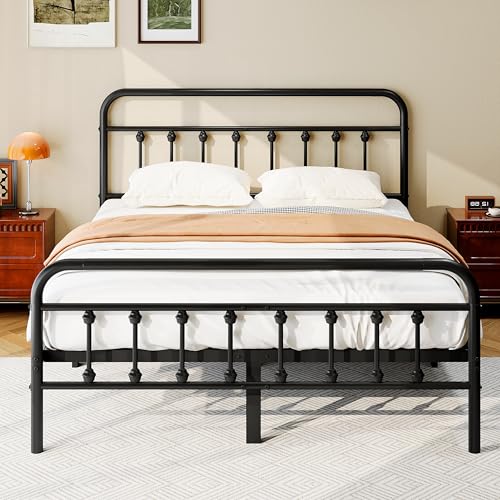 Queen Size Metal Platform Bed Frame with Headboard and Footboard, Black